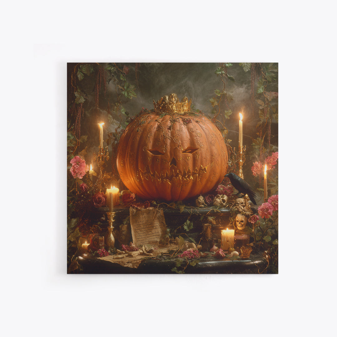 The Gold-Crowned Pumpkin Oracle - Occult Still Life, Gothic Home Decor, Square Wall Art, Canvas Print, Halloween Home Decor, Gothic Wall Art