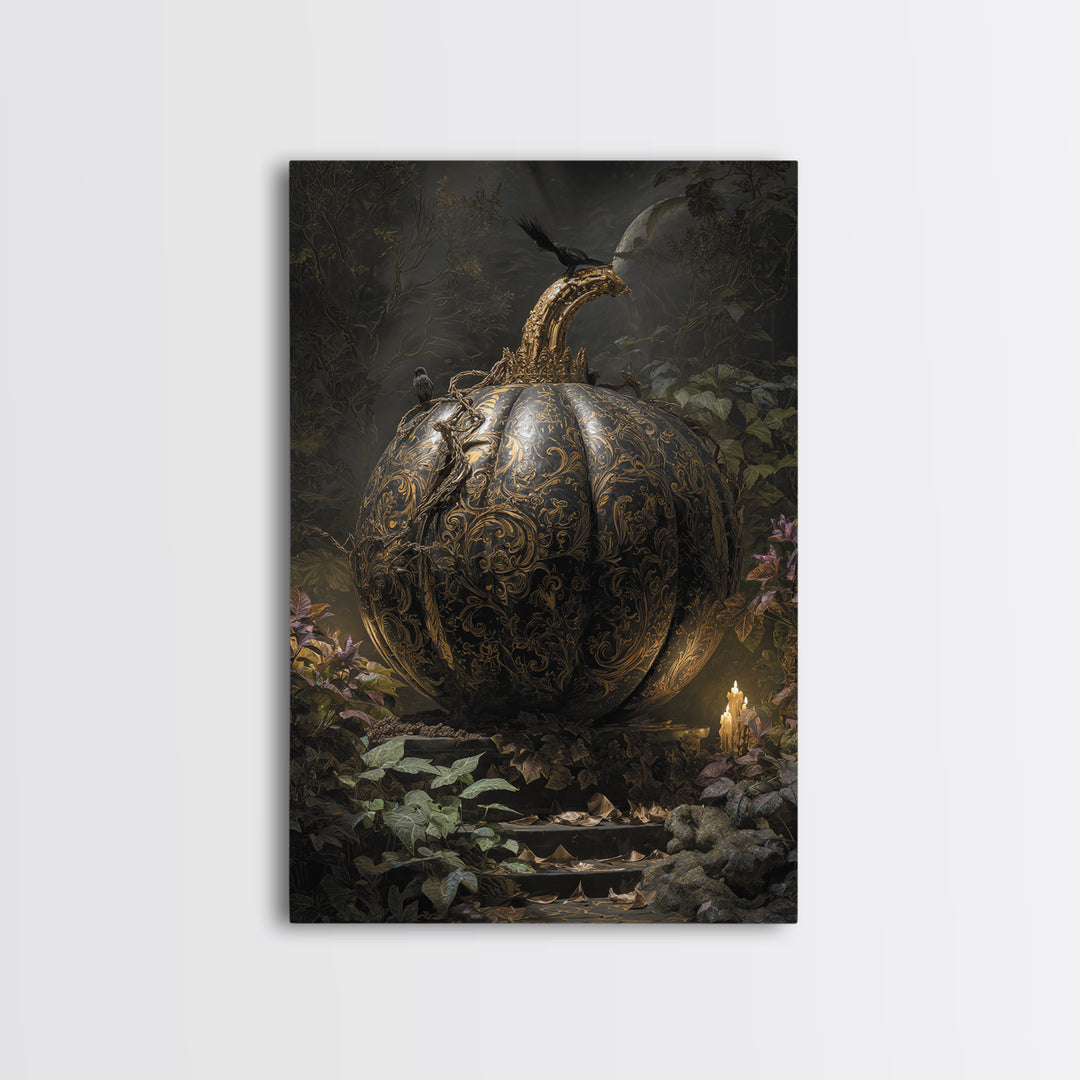 The Gold-Crowned Pumpkin Oracle - Procession Scene, Halloween Wall Art, Vertical Wall Art, Framed Canvas Print, Halloween Home Decor