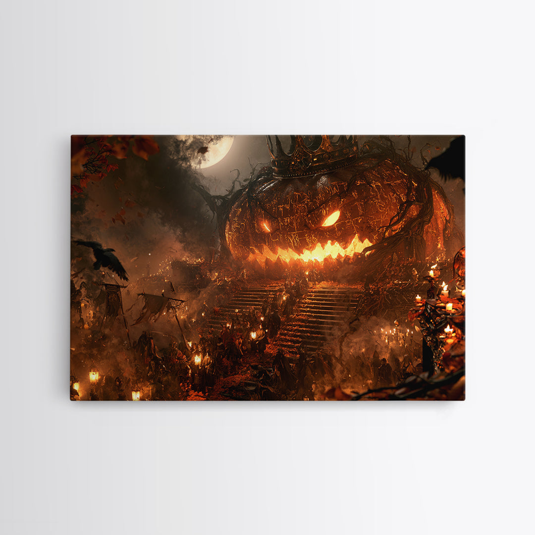 The Gold-Crowned Pumpkin Oracle - Procession Scene, Spooky Wall Decor, Landscape Wall Art, Framed Canvas Print, Halloween Home Decor