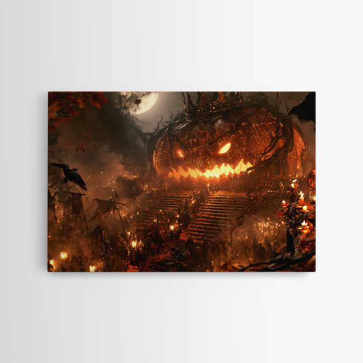 The Gold-Crowned Pumpkin Oracle - Procession Scene, Spooky Wall Decor, Landscape Wall Art, Framed Canvas Print, Halloween Home Decor