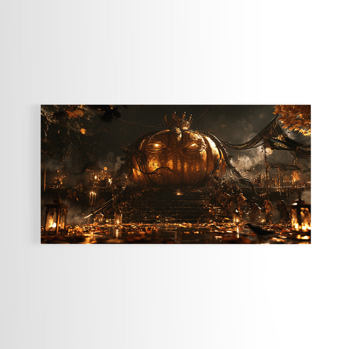 The Gold-Crowned Pumpkin Oracle - Procession Scene, Halloween Wall Art, Wide Panoramic Art, Framed Canvas Print, Halloween Home Decor