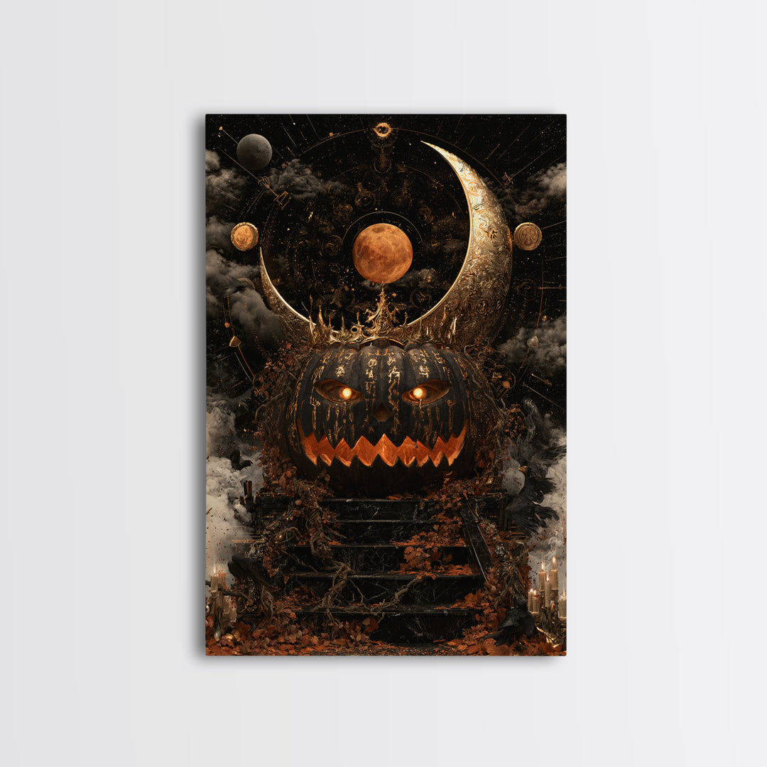 The Gold-Crowned Pumpkin Oracle - Surreal Celestial Vision, Spooky Wall Decor, Vertical Wall Art, Framed Canvas Print, Halloween Home Decor