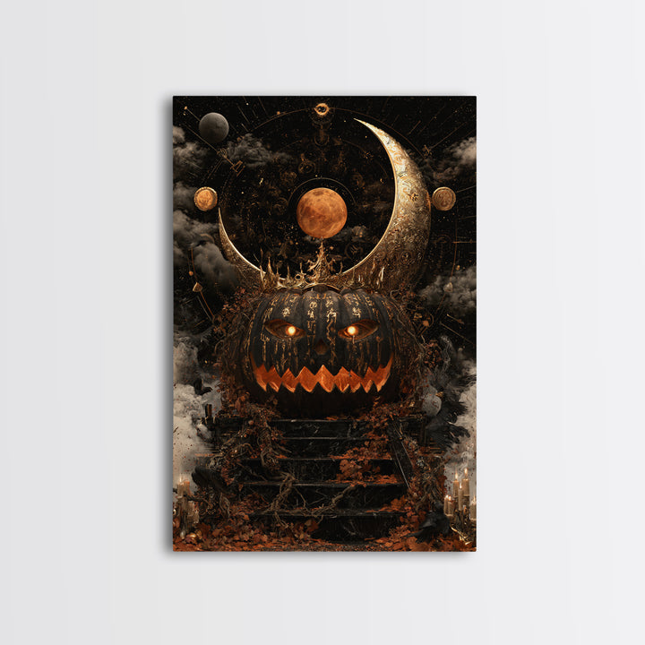 The Gold-Crowned Pumpkin Oracle - Surreal Celestial Vision, Spooky Wall Decor, Vertical Wall Art, Framed Canvas Print, Halloween Home Decor
