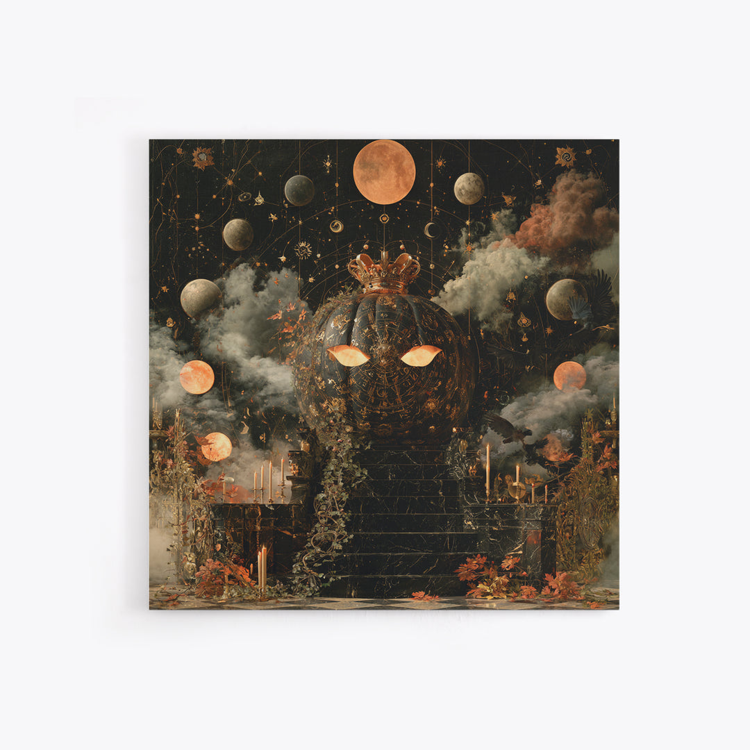 The Gold-Crowned Pumpkin Oracle - Surreal Celestial Vision, Gothic Home Decor, Square Wall Art, Canvas Print, Halloween Home Decor
