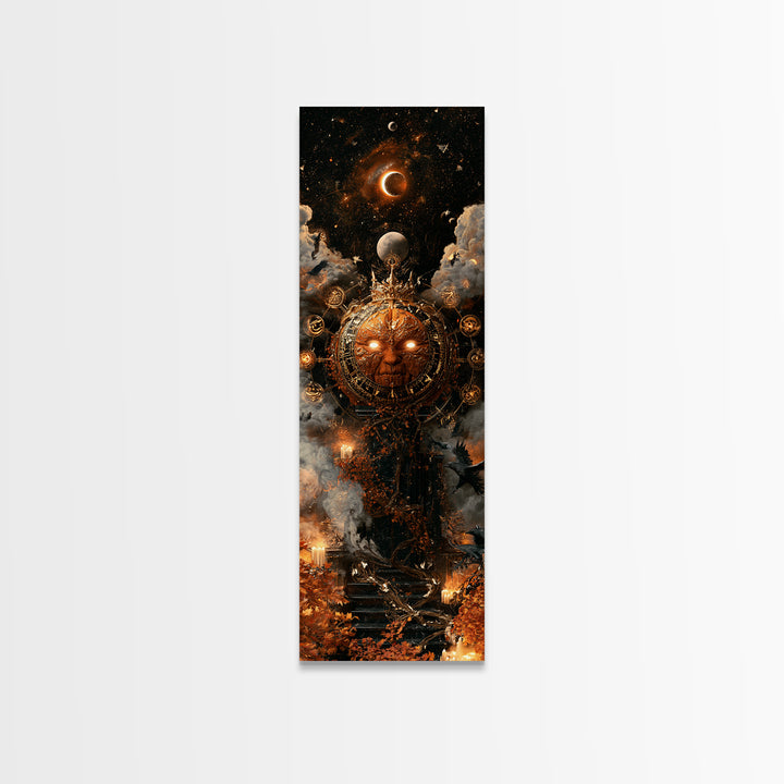 The Gold-Crowned Pumpkin Oracle - Surreal Celestial Vision, Gothic Home Decor, Tall Narrow Wall Art, Canvas Print, Halloween Home Decor