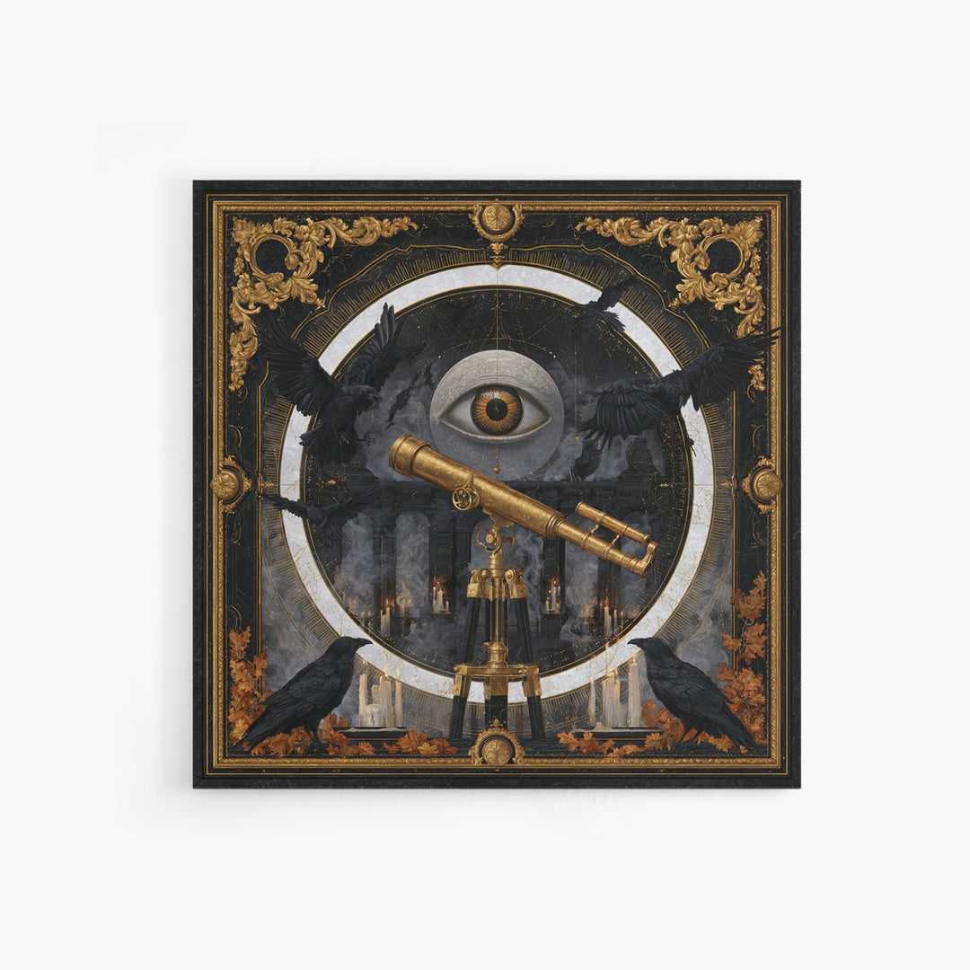 The Midnight Raven Observatory - Icon Portrait, Spooky Wall Decor, Square Wall Art, Framed Canvas Print, Halloween Home Decor