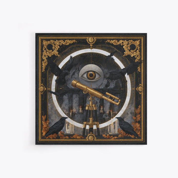 The Midnight Raven Observatory - Icon Portrait, Spooky Wall Decor, Square Wall Art, Framed Canvas Print, Halloween Home Decor