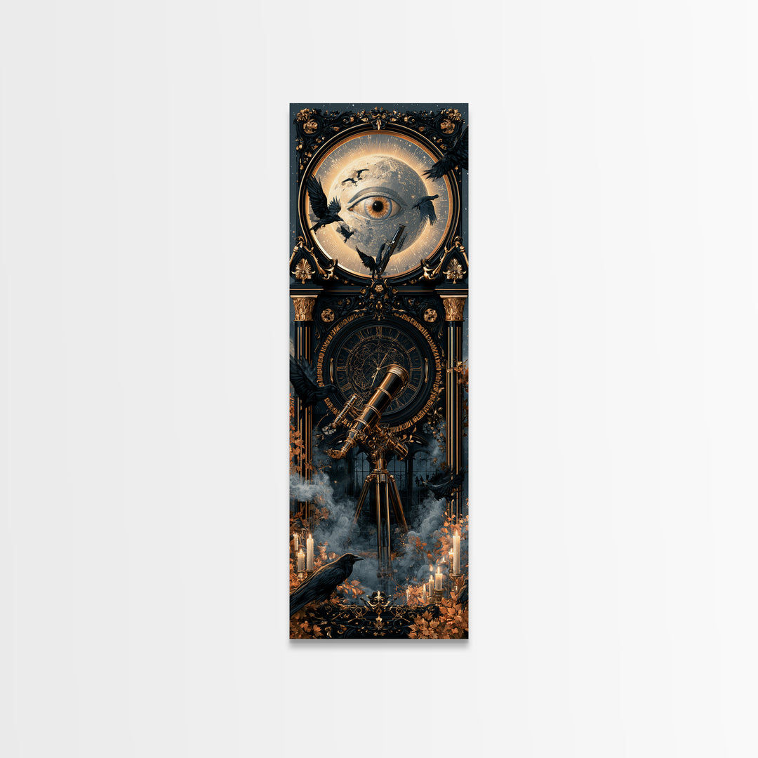 The Midnight Raven Observatory - Icon Portrait, Macabre Halloween Art, Tall Narrow Wall Art, Framed Canvas Print, Halloween Home Decor