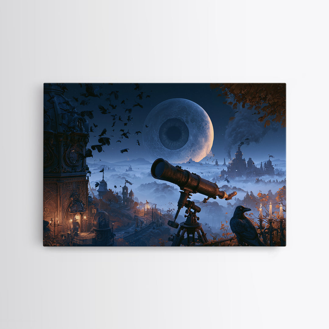 The Midnight Raven Observatory - Environmental Panorama, Halloween Wall Art, Landscape Wall Art, Framed Canvas Print, Halloween Home Decor