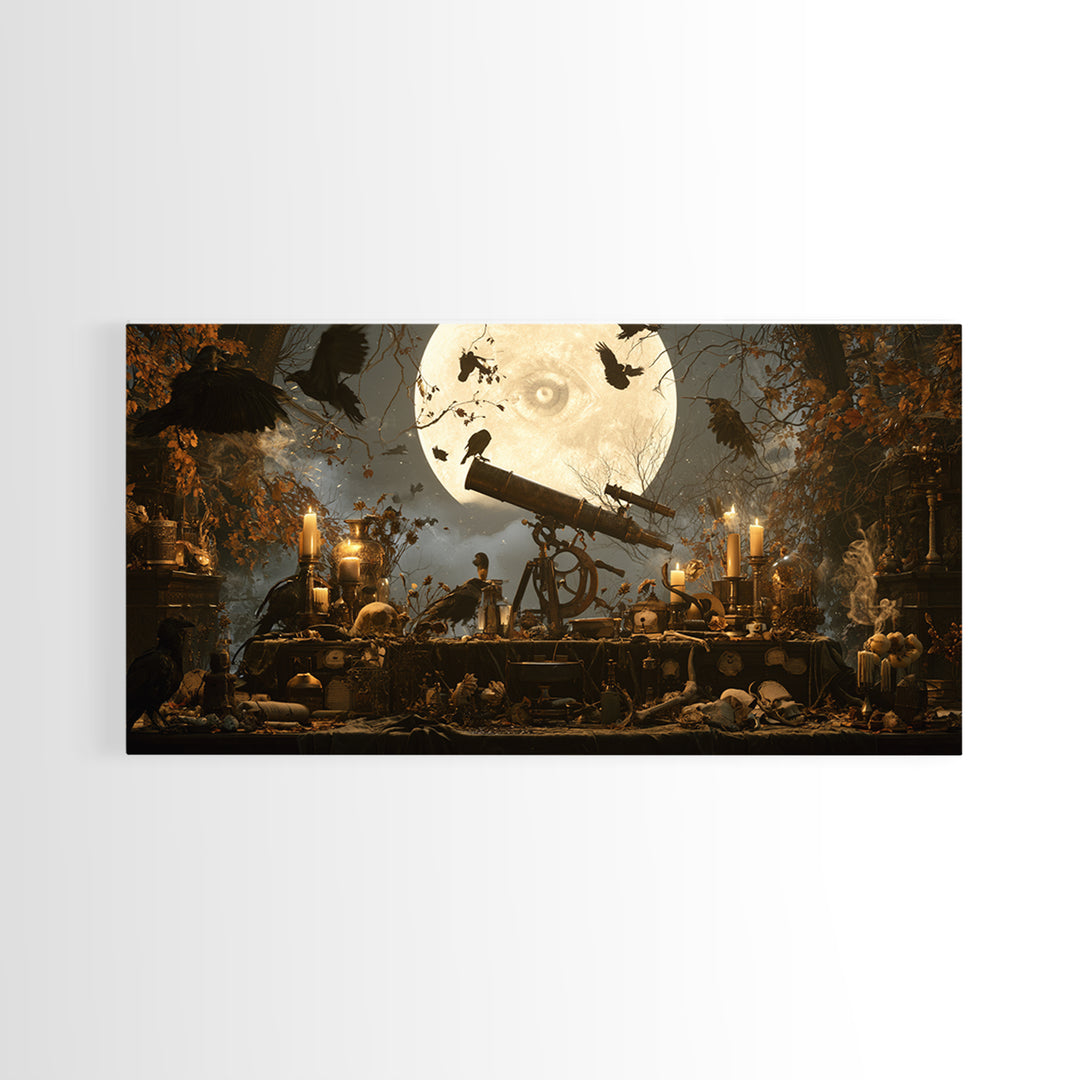 The Midnight Raven Observatory - Occult Still Life, Gothic Home Decor, Wide Panoramic Art, Canvas Print, Halloween Home Decor