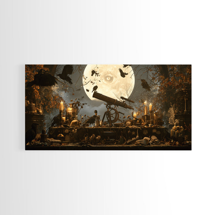 The Midnight Raven Observatory - Occult Still Life, Gothic Home Decor, Wide Panoramic Art, Canvas Print, Halloween Home Decor