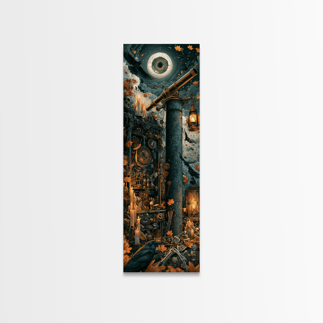 The Midnight Raven Observatory - Occult Still Life, Spooky Wall Decor, Tall Narrow Wall Art, Framed Canvas Print, Halloween Home Decor