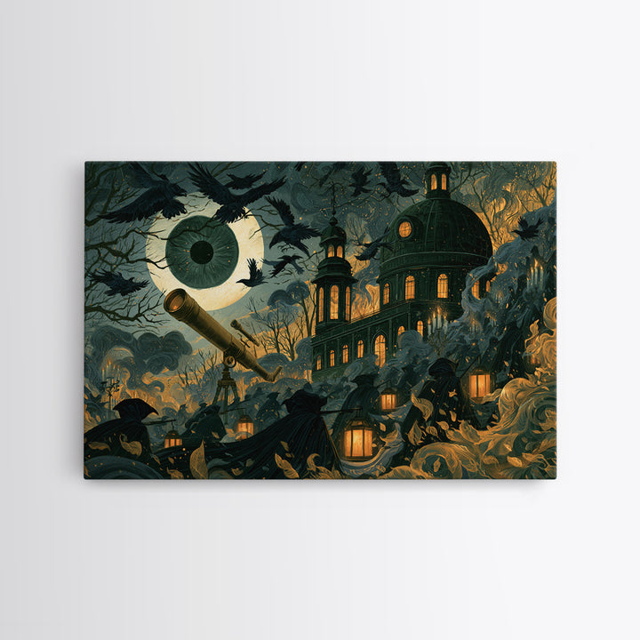 The Midnight Raven Observatory - Procession Scene, Halloween Wall Art, Landscape Wall Art, Framed Canvas Print, Halloween Home Decor