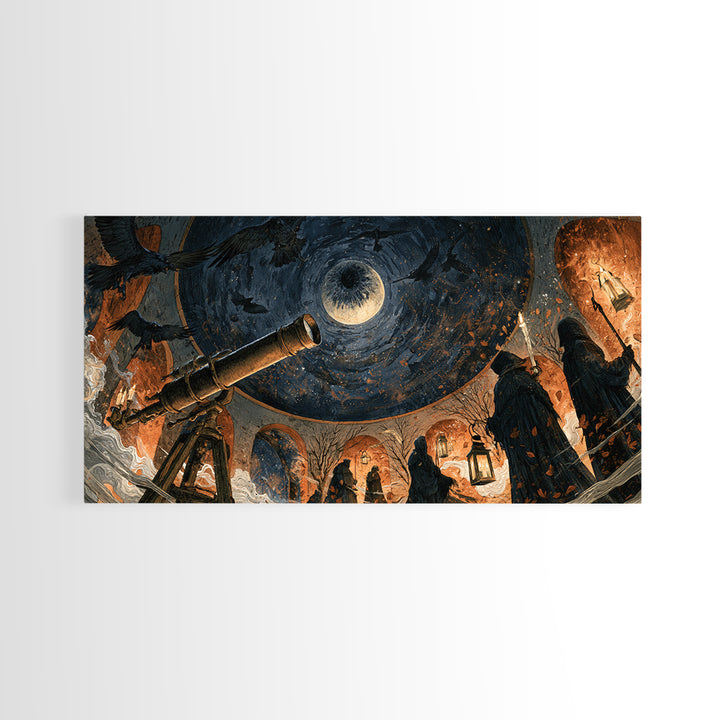 The Midnight Raven Observatory - Procession Scene, Spooky Wall Decor, Wide Panoramic Art, Framed Canvas Print, Halloween Home Decor
