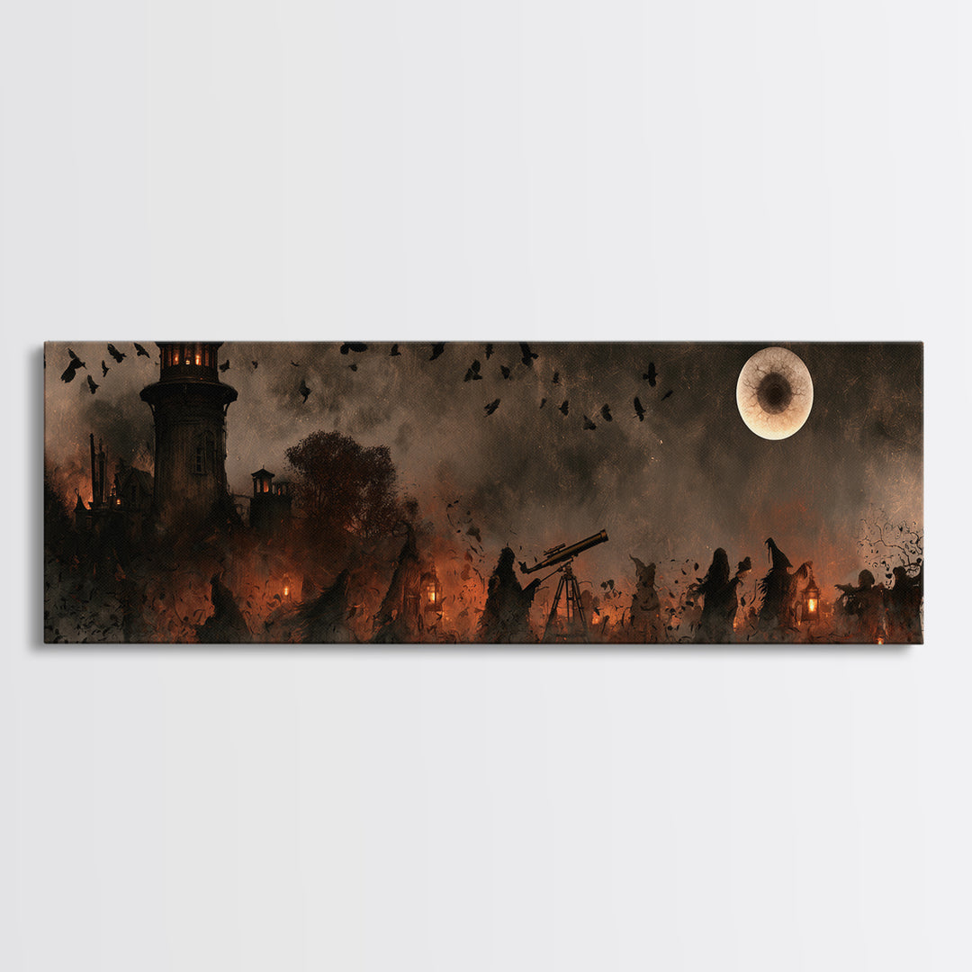 The Midnight Raven Observatory - Procession Scene, Macabre Halloween Art, Extra Wide Wall Art, Framed Canvas Print, Halloween Home Decor