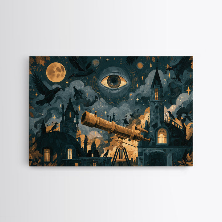 The Midnight Raven Observatory - Surreal Celestial Vision, Dark Fantasy Wall Art, Landscape Wall Art, Canvas Print, Halloween Home Decor