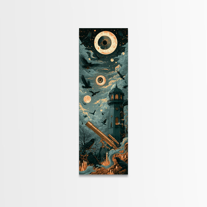 The Midnight Raven Observatory - Surreal Celestial Vision, Halloween Wall Art, Tall Narrow Wall Art, Framed Canvas Print, Gothic Wall Art