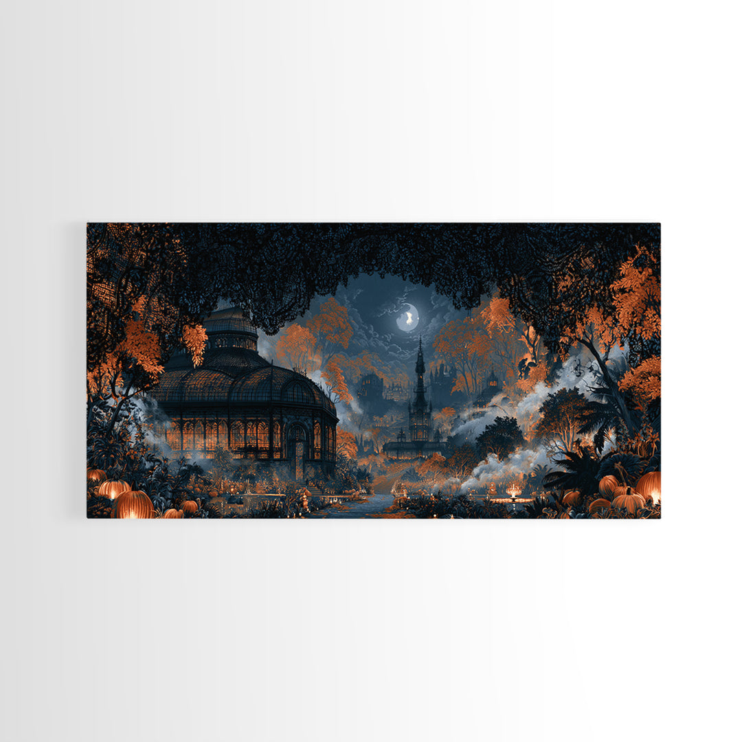 The Black Lace Haunted Conservatory - Environmental Panorama, Halloween Wall Art, Wide Panoramic Art, Framed Canvas Print, Gothic Wall Art