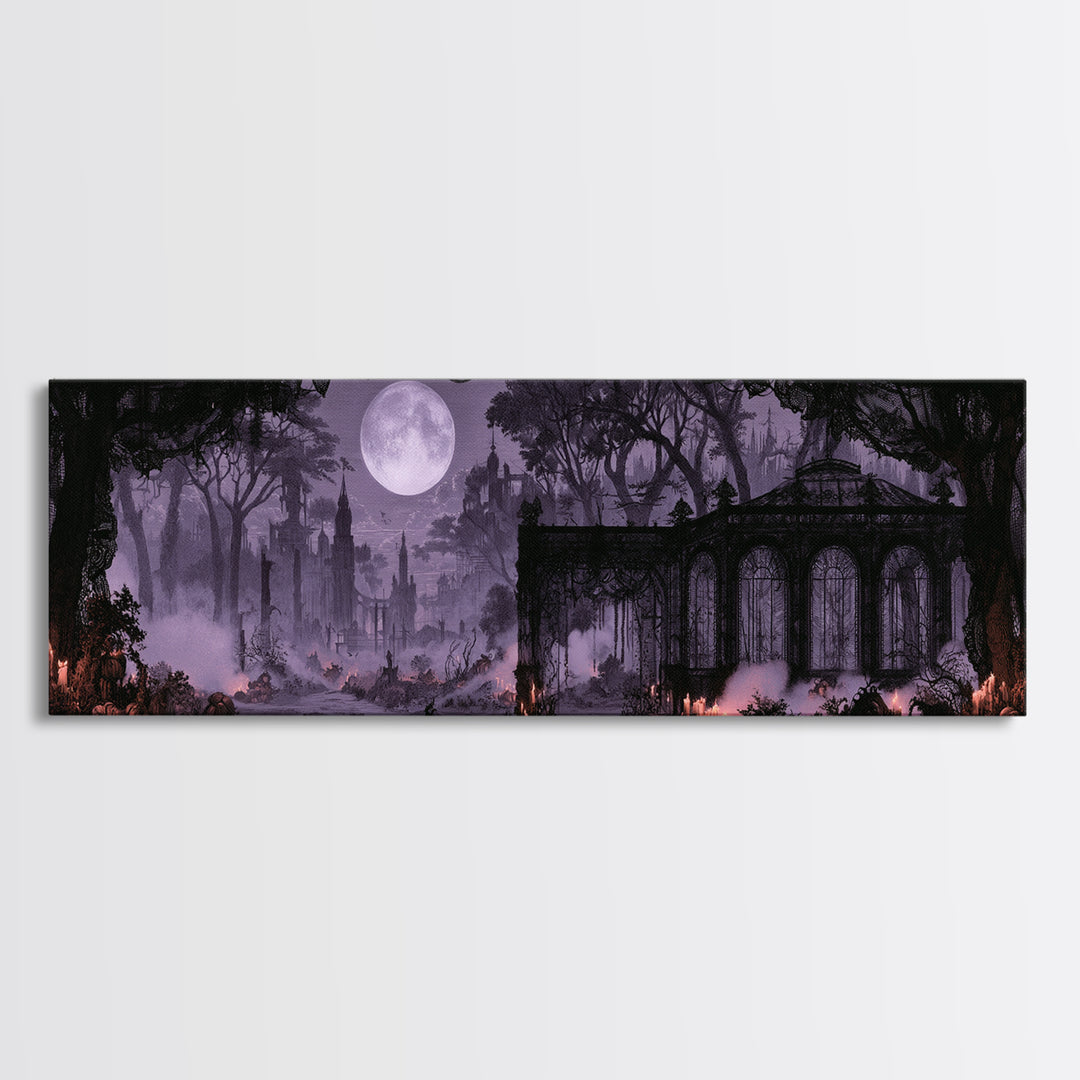 The Black Lace Haunted Conservatory - Environmental Panorama, Halloween Wall Art, Extra Wide Wall Art, Framed Canvas Print, Gothic Wall Art