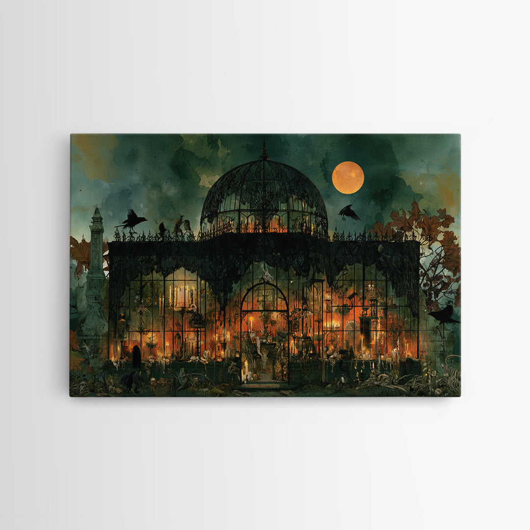 The Black Lace Haunted Conservatory - Occult Still Life, Macabre Halloween Art, Landscape Wall Art, Framed Canvas Print, Gothic Wall Art