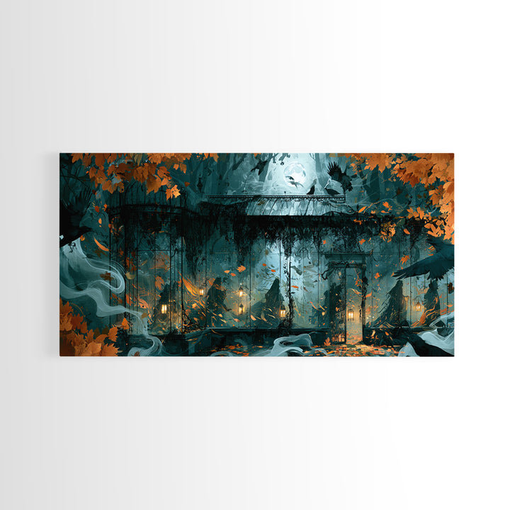 The Black Lace Haunted Conservatory - Procession Scene, Macabre Halloween Art, Wide Panoramic Art, Framed Canvas Print, Halloween Home Decor