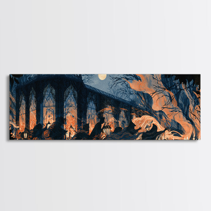 The Black Lace Haunted Conservatory - Procession Scene, Dark Fantasy Wall Art, Extra Wide Wall Art, Canvas Print, Halloween Home Decor