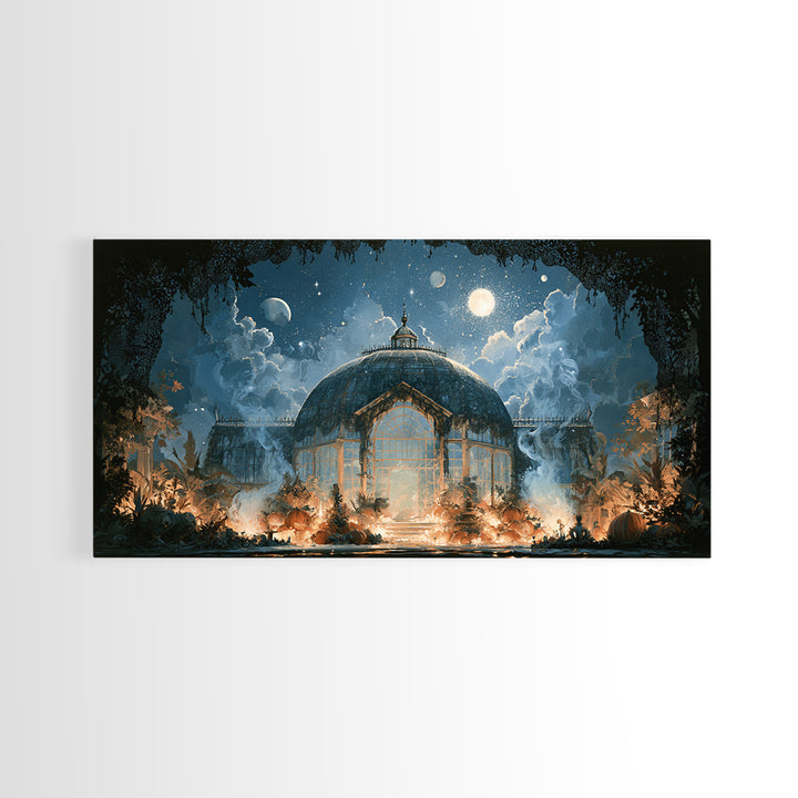 The Black Lace Haunted Conservatory - Surreal Celestial Vision, Occult Wall Decor, Wide Panoramic Art, Canvas Print, Halloween Home Decor