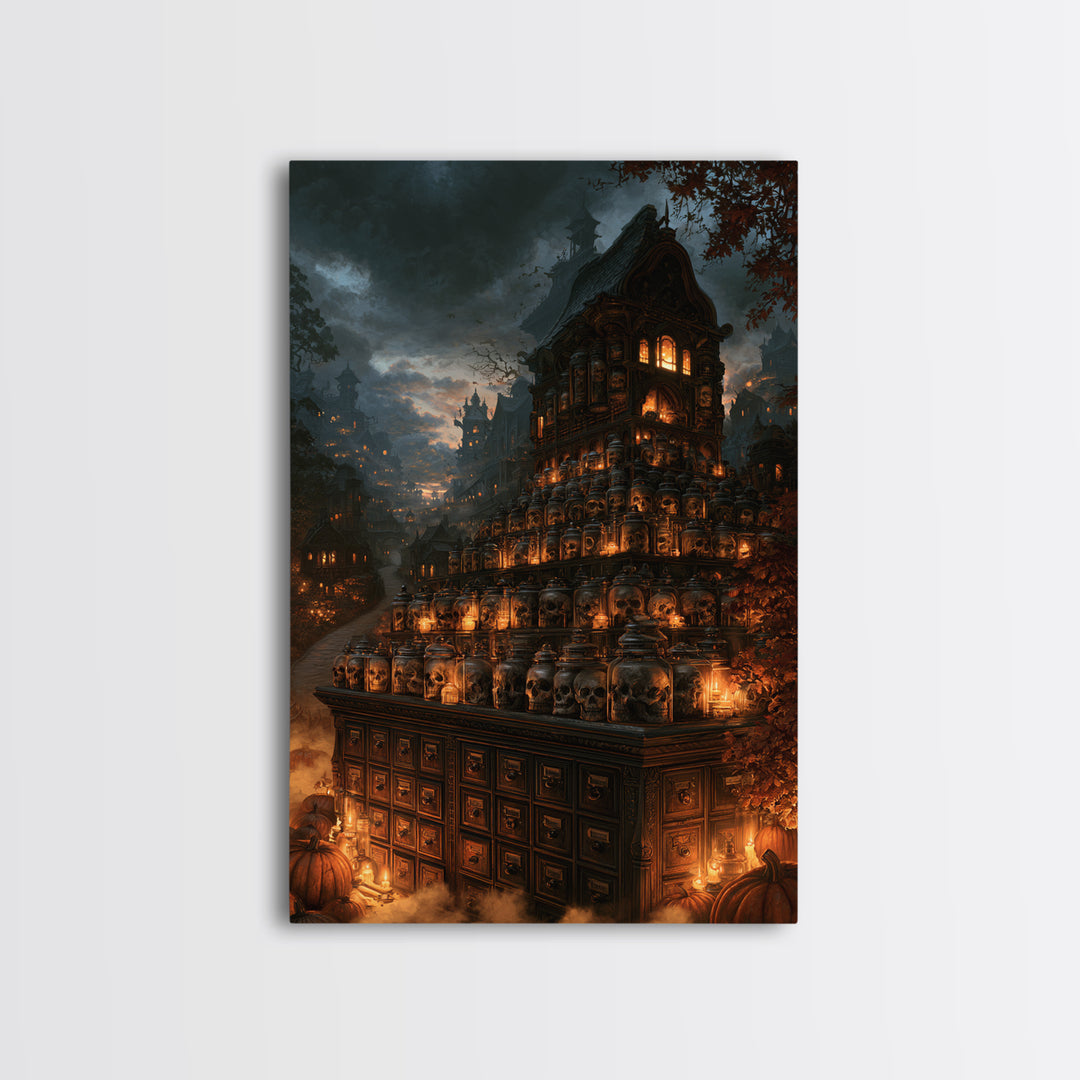 The Candlelit Skull Apothecary - Environmental Panorama, Halloween Wall Art, Vertical Wall Art, Framed Canvas Print, Halloween Home Decor