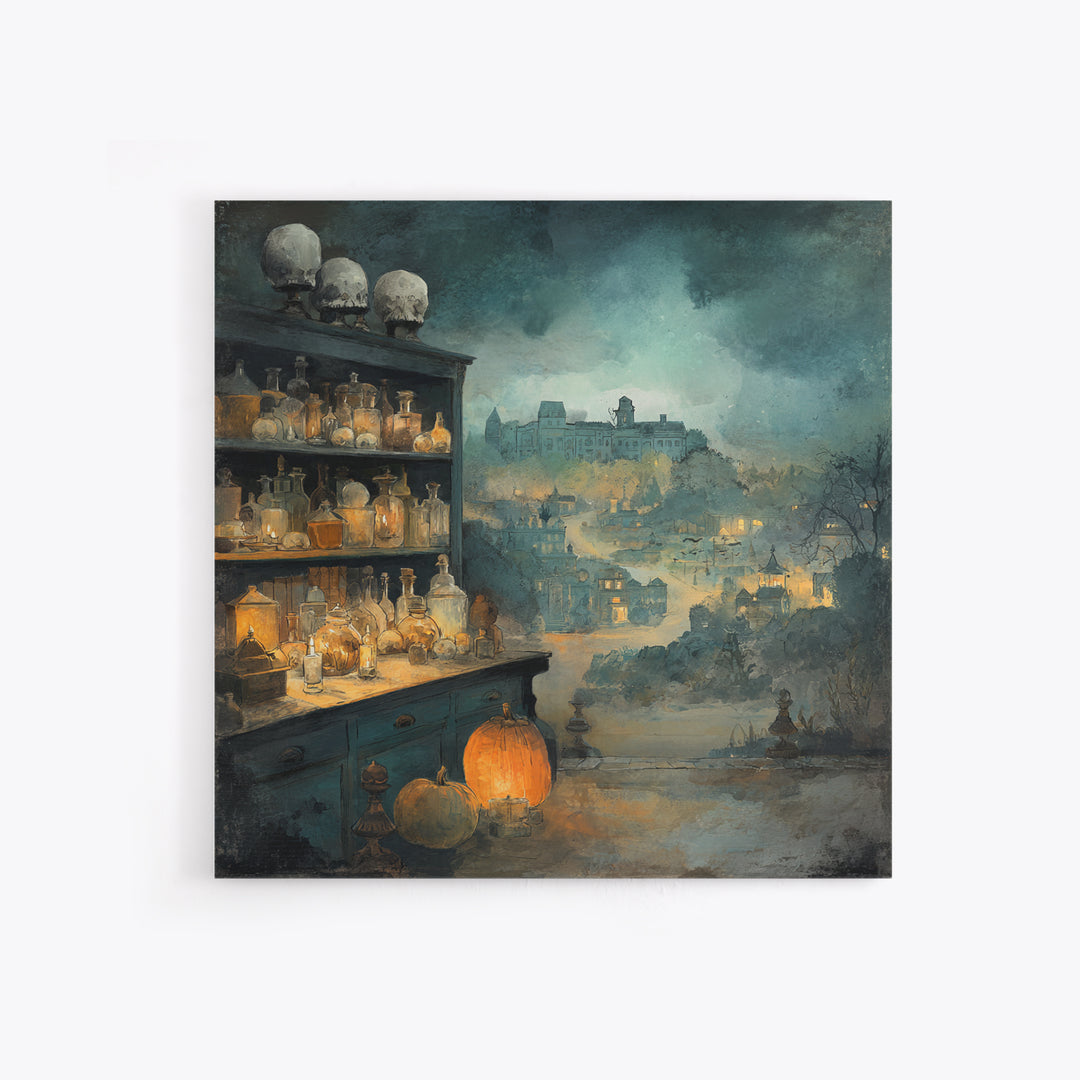 The Candlelit Skull Apothecary - Environmental Panorama, Dark Fantasy Wall Art, Square Wall Art, Canvas Print, Halloween Home Decor