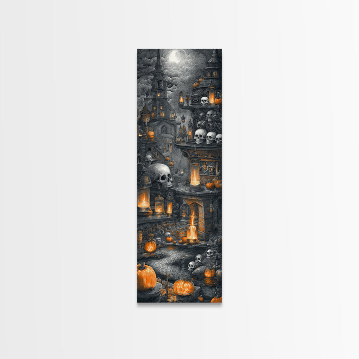 The Candlelit Skull Apothecary - Environmental Panorama, Macabre Halloween Art, Tall Narrow Wall Art, Framed Canvas Print, Gothic Wall Art