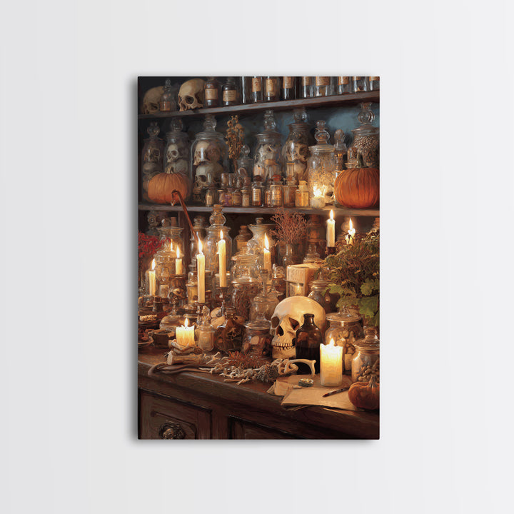 The Candlelit Skull Apothecary - Occult Still Life, Macabre Halloween Art, Vertical Wall Art, Framed Canvas Print, Halloween Home Decor