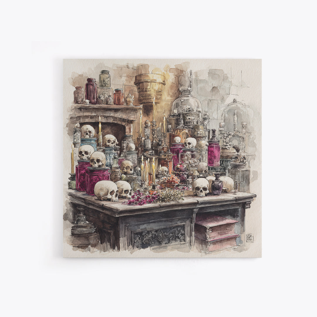 The Candlelit Skull Apothecary - Occult Still Life, Macabre Halloween Art, Square Wall Art, Framed Canvas Print, Halloween Home Decor