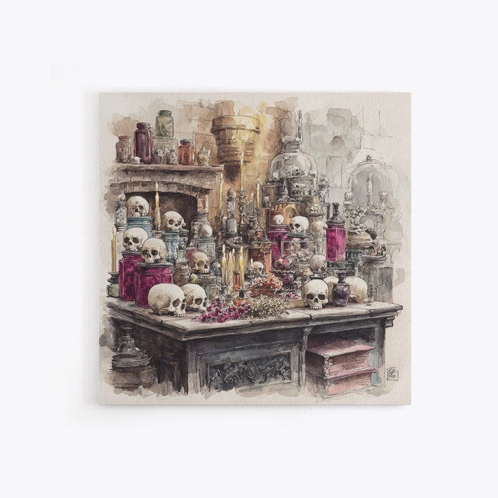 The Candlelit Skull Apothecary - Occult Still Life, Macabre Halloween Art, Square Wall Art, Framed Canvas Print, Halloween Home Decor