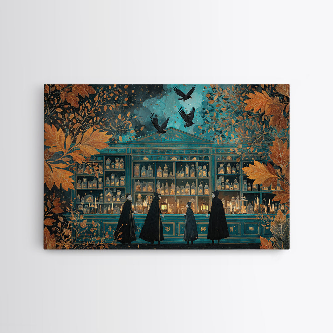 The Candlelit Skull Apothecary - Procession Scene, Spooky Wall Decor, Landscape Wall Art, Framed Canvas Print, Halloween Home Decor