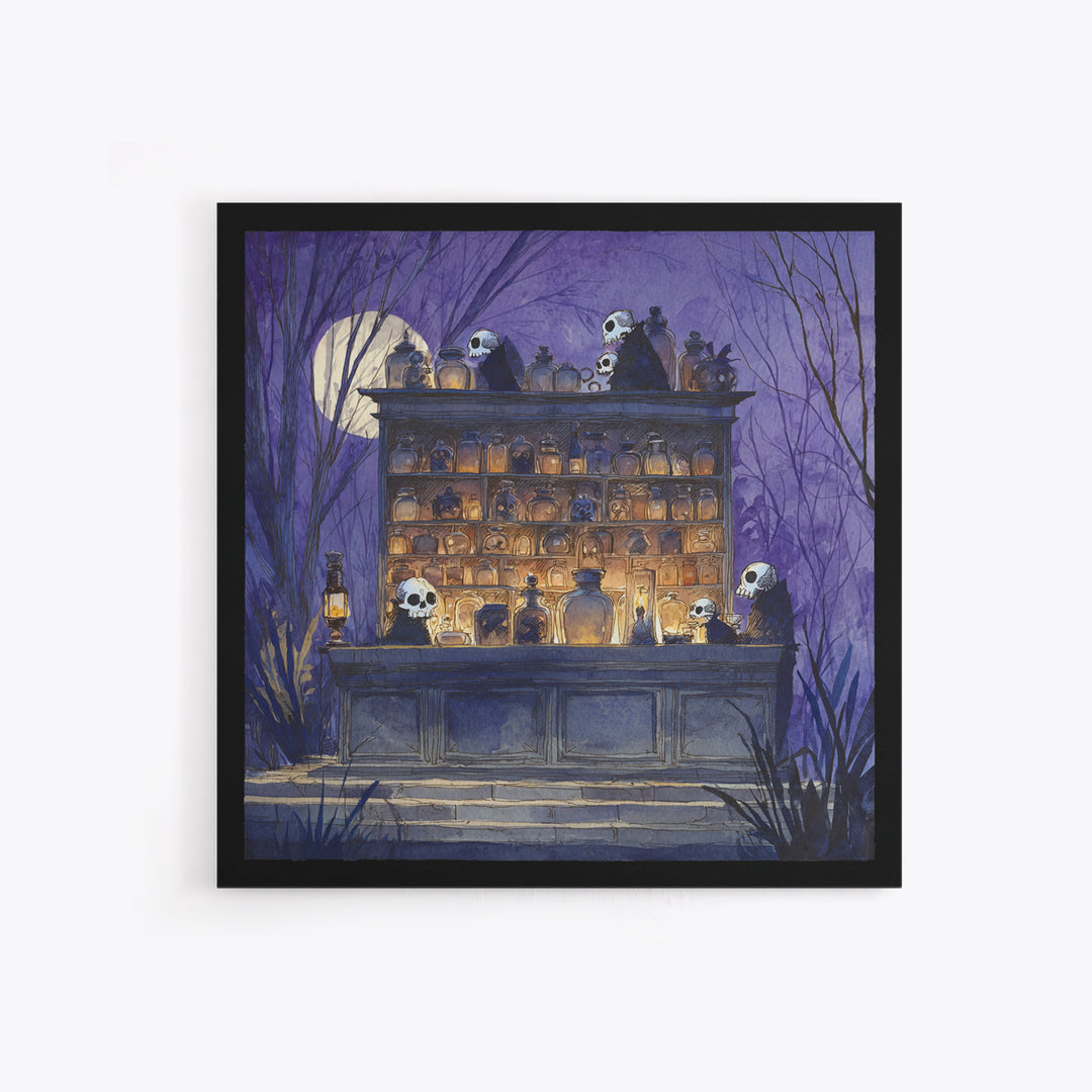 The Candlelit Skull Apothecary - Procession Scene, Macabre Halloween Art, Square Wall Art, Framed Canvas Print, Halloween Home Decor