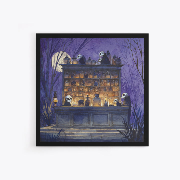 The Candlelit Skull Apothecary - Procession Scene, Macabre Halloween Art, Square Wall Art, Framed Canvas Print, Halloween Home Decor