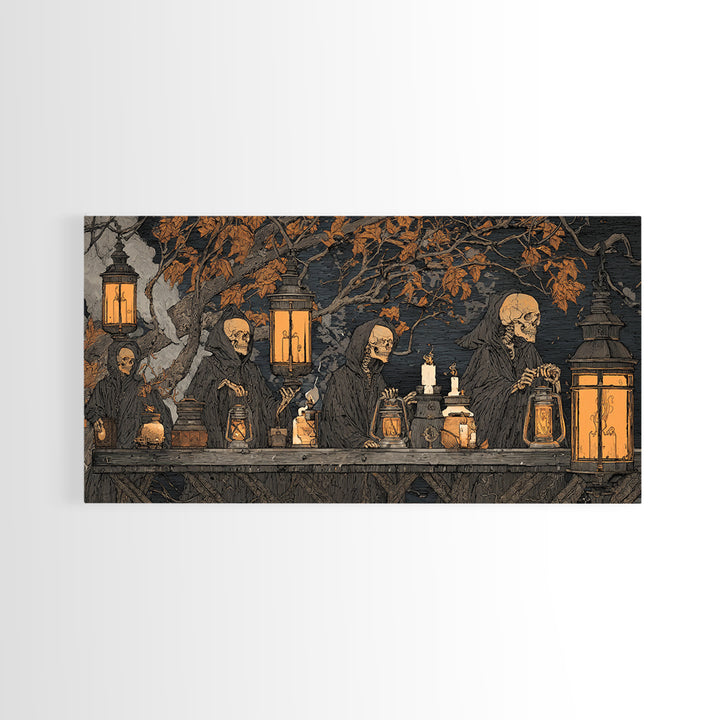 The Candlelit Skull Apothecary - Procession Scene, Spooky Wall Decor, Wide Panoramic Art, Framed Canvas Print, Halloween Home Decor