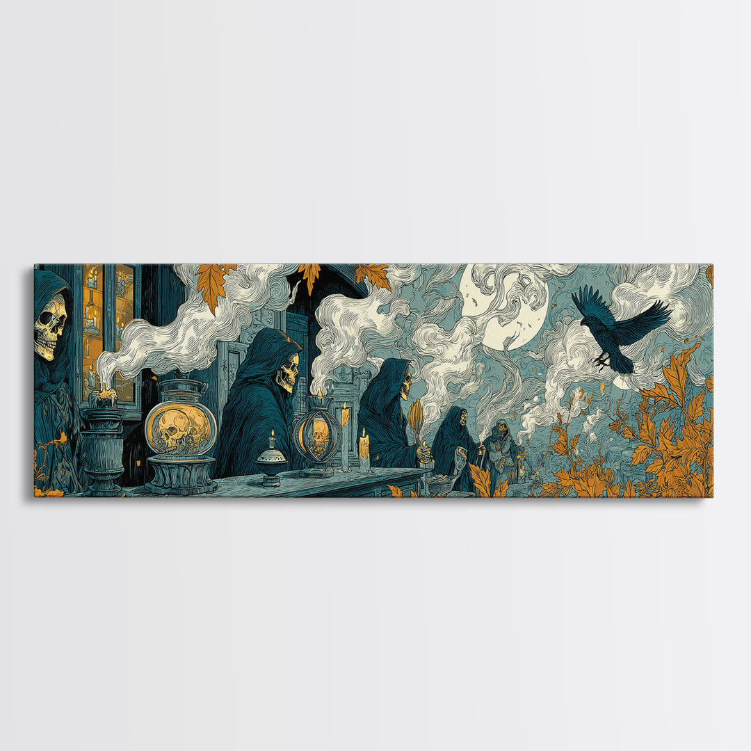 The Candlelit Skull Apothecary - Procession Scene, Macabre Halloween Art, Extra Wide Wall Art, Framed Canvas Print, Halloween Home Decor