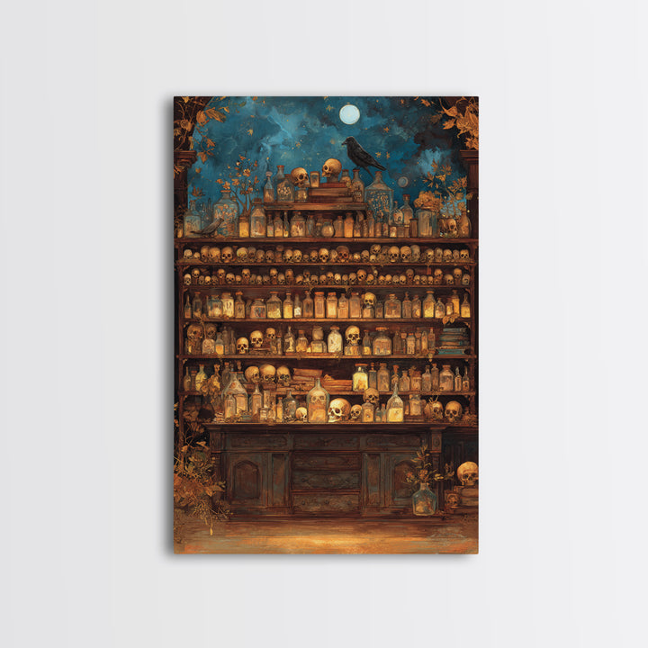 The Candlelit Skull Apothecary - Surreal Celestial Vision, Spooky Wall Decor, Vertical Wall Art, Framed Canvas Print, Halloween Home Decor