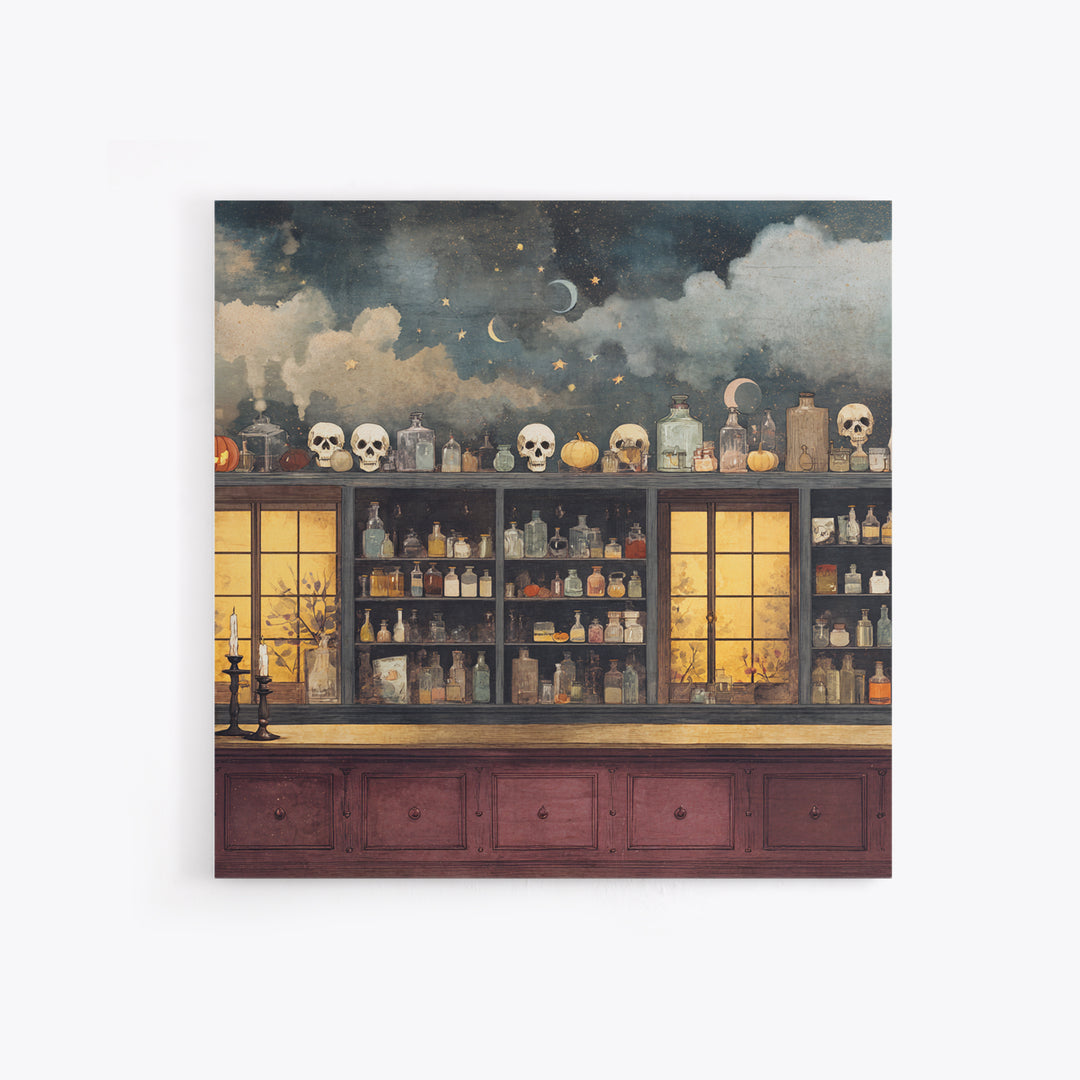 The Candlelit Skull Apothecary - Surreal Celestial Vision, Macabre Halloween Art, Square Wall Art, Framed Canvas Print, Halloween Home Decor