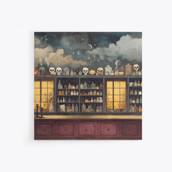 The Candlelit Skull Apothecary - Surreal Celestial Vision, Macabre Halloween Art, Square Wall Art, Framed Canvas Print, Halloween Home Decor