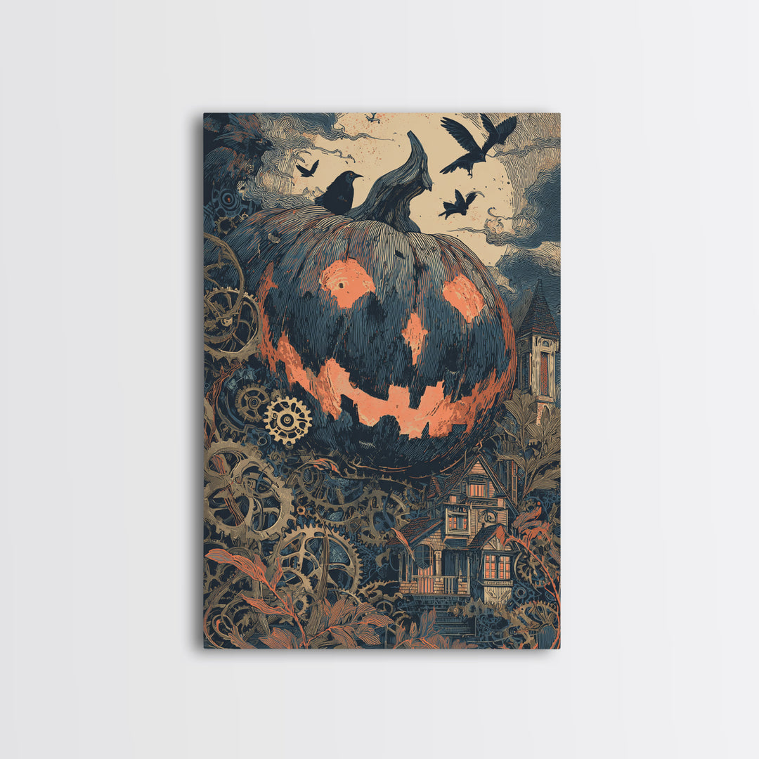 The Clockwork Jack-O-Lantern - Icon Portrait, Halloween Wall Art, Vertical Wall Art, Framed Canvas Print, Halloween Home Decor