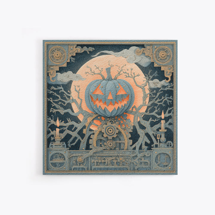 The Clockwork Jack-O-Lantern - Icon Portrait, Macabre Halloween Art, Square Wall Art, Framed Canvas Print, Halloween Home Decor
