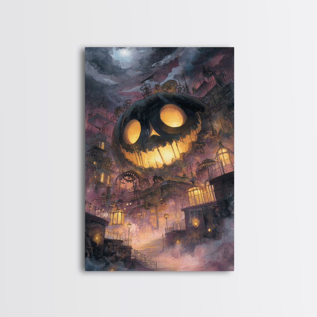 The Clockwork Jack-O-Lantern - Environmental Panorama, Macabre Halloween Art, Vertical Wall Art, Framed Canvas Print, Halloween Home Decor