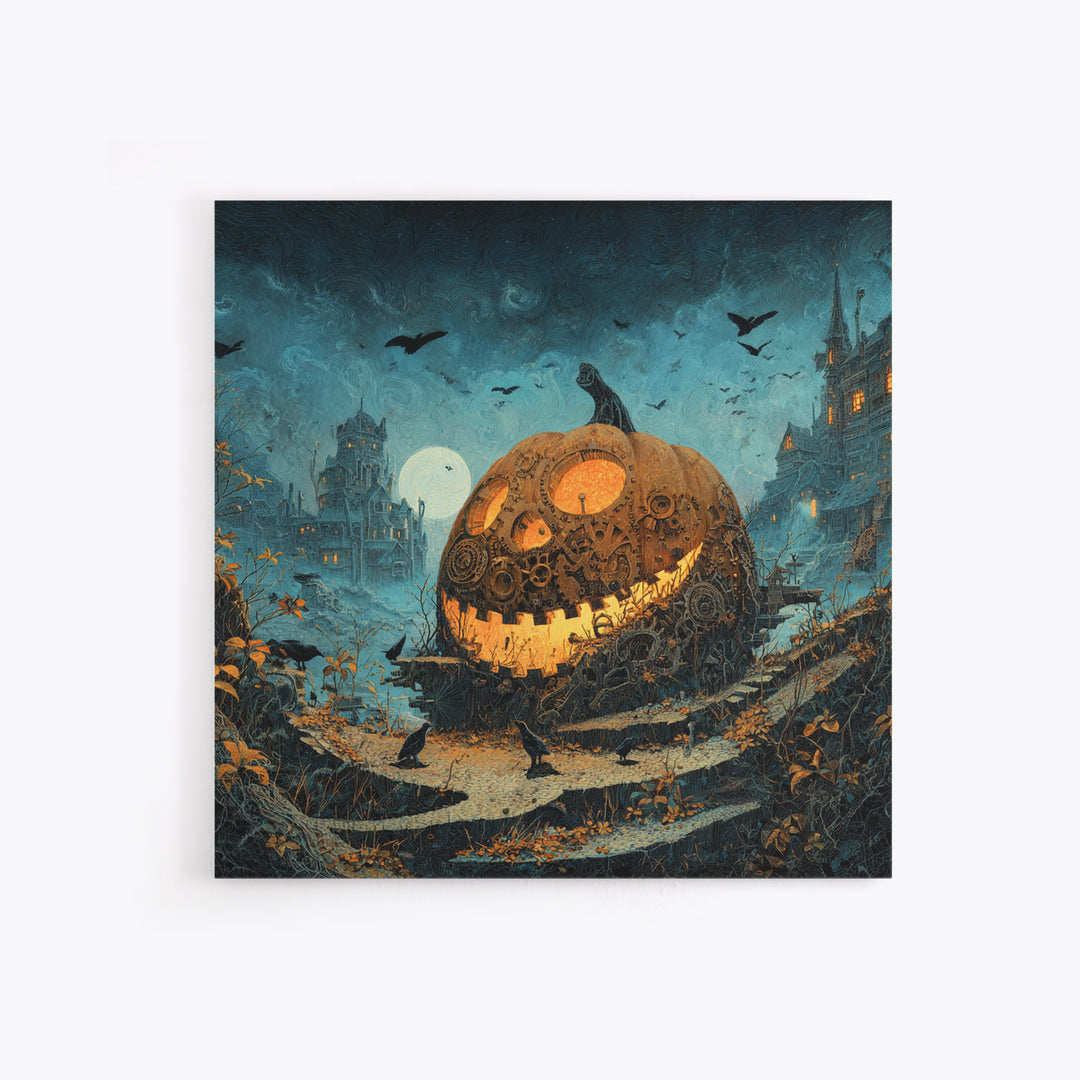 The Clockwork Jack-O-Lantern - Environmental Panorama, Macabre Halloween Art, Square Wall Art, Framed Canvas Print, Halloween Home Decor