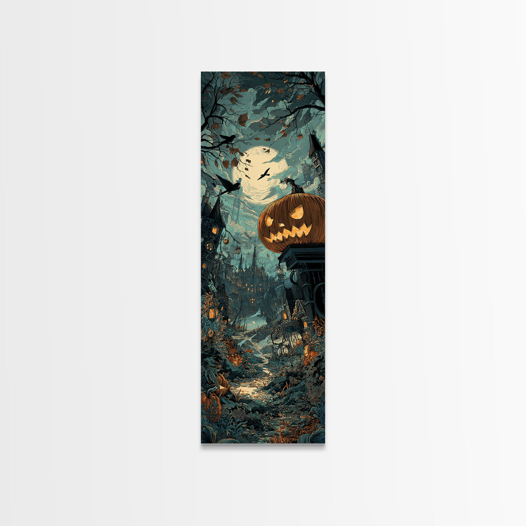 The Clockwork Jack-O-Lantern - Environmental Panorama, Dark Fantasy Wall Art, Tall Narrow Wall Art, Canvas Print, Halloween Home Decor