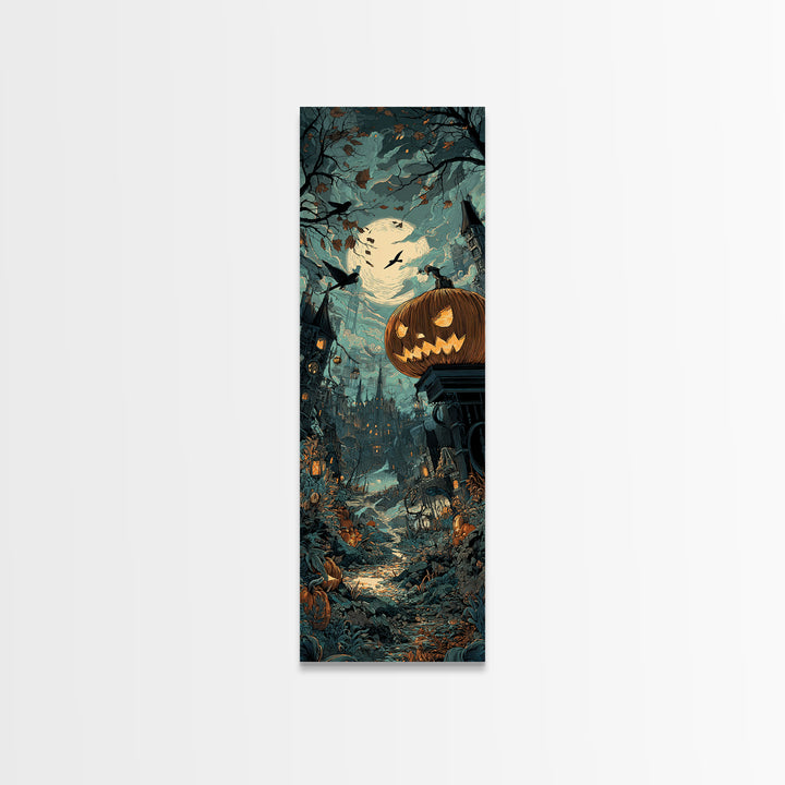 The Clockwork Jack-O-Lantern - Environmental Panorama, Dark Fantasy Wall Art, Tall Narrow Wall Art, Canvas Print, Halloween Home Decor