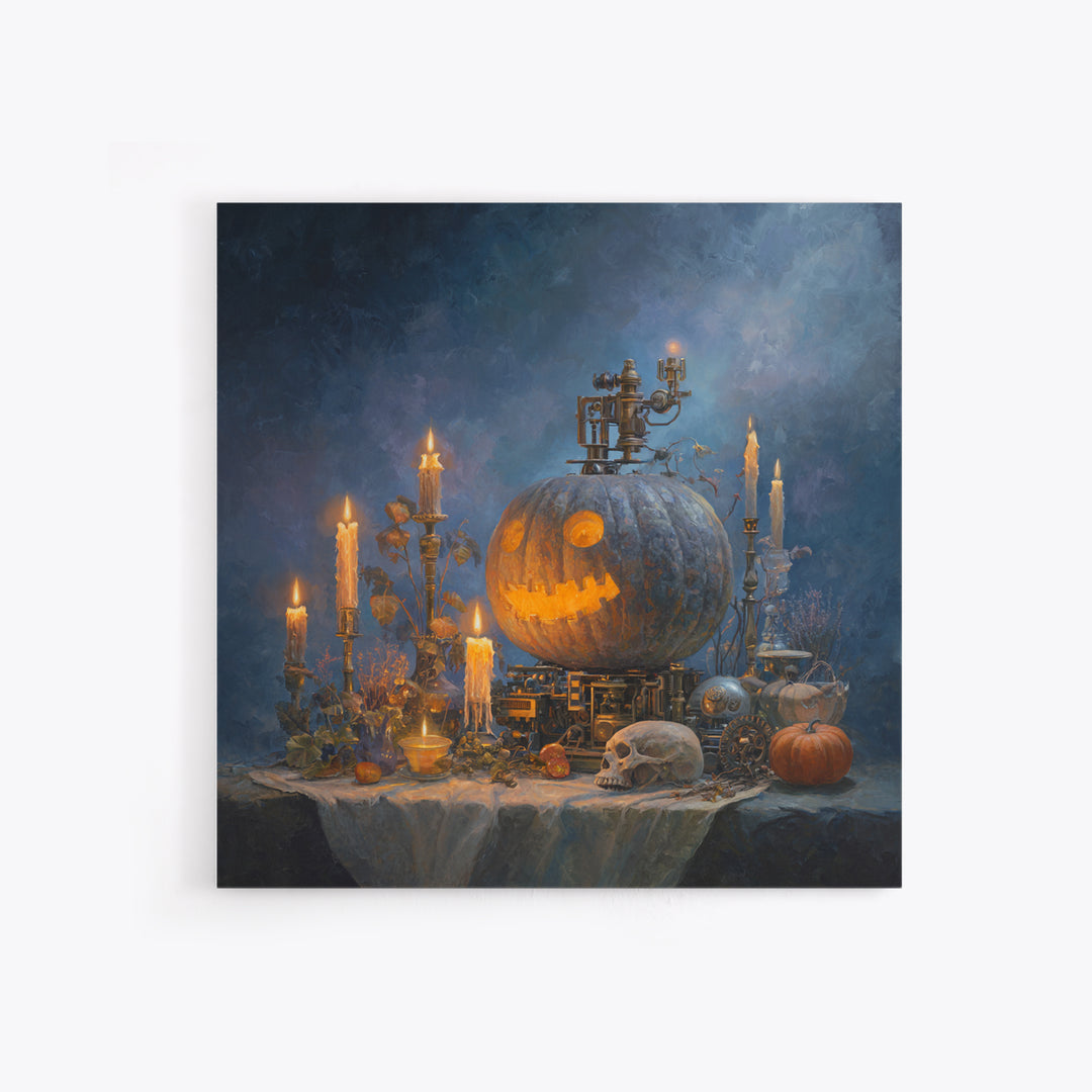 The Clockwork Jack-O-Lantern - Occult Still Life, Halloween Wall Art, Square Wall Art, Framed Canvas Print, Halloween Home Decor