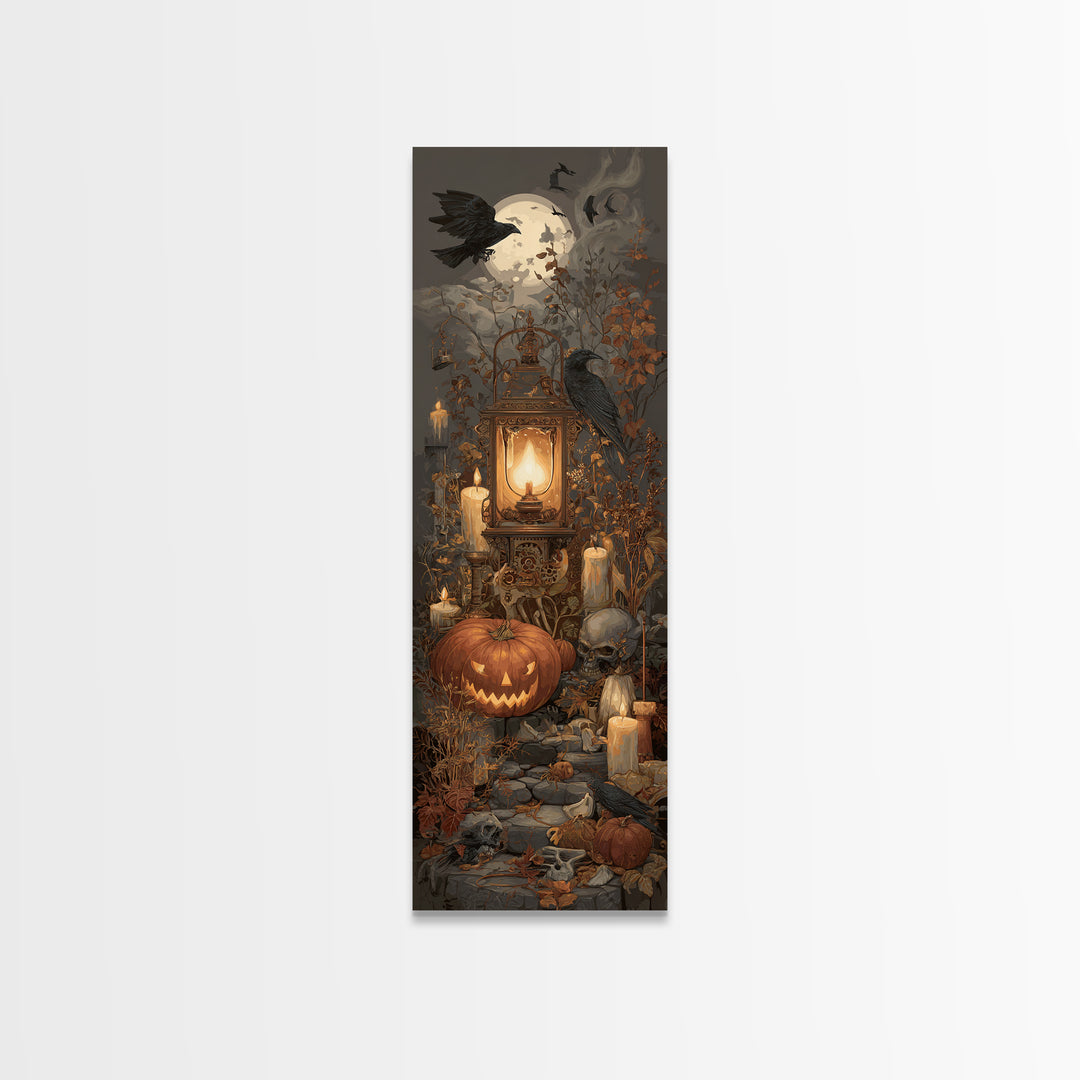 The Clockwork Jack-O-Lantern - Occult Still Life, Halloween Wall Art, Tall Narrow Wall Art, Framed Canvas Print, Halloween Home Decor