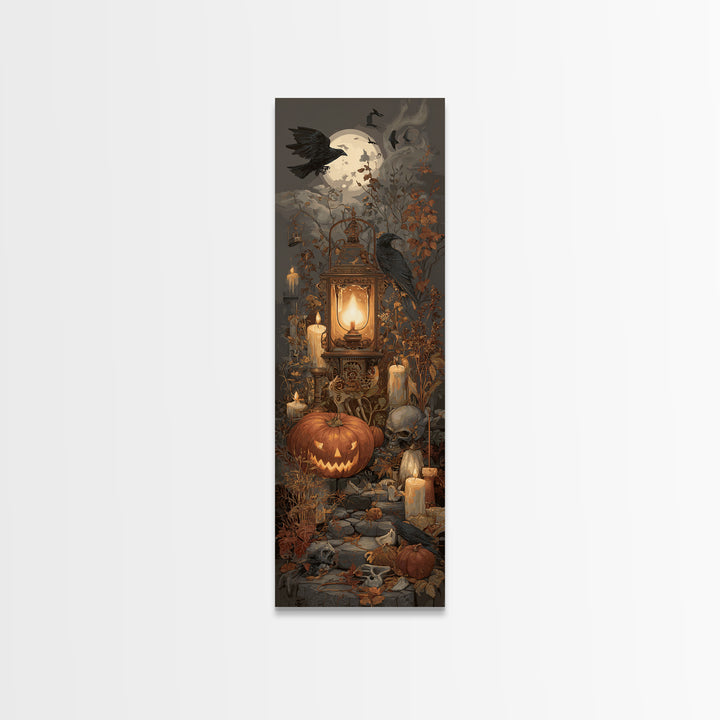 The Clockwork Jack-O-Lantern - Occult Still Life, Halloween Wall Art, Tall Narrow Wall Art, Framed Canvas Print, Halloween Home Decor